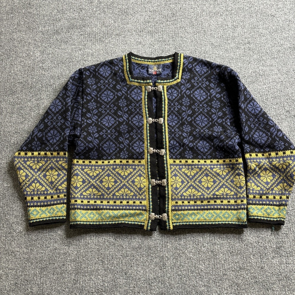 Skjaeveland Norway Sweater Cardigan Women Medium Blue Knit Fair Isle Floral Wool